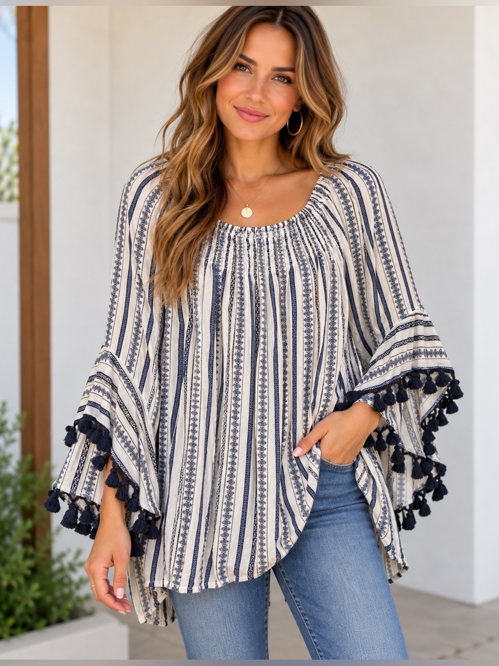 Studio West XL Oversized Boho Tassel Bell Sleeve Tunic Top